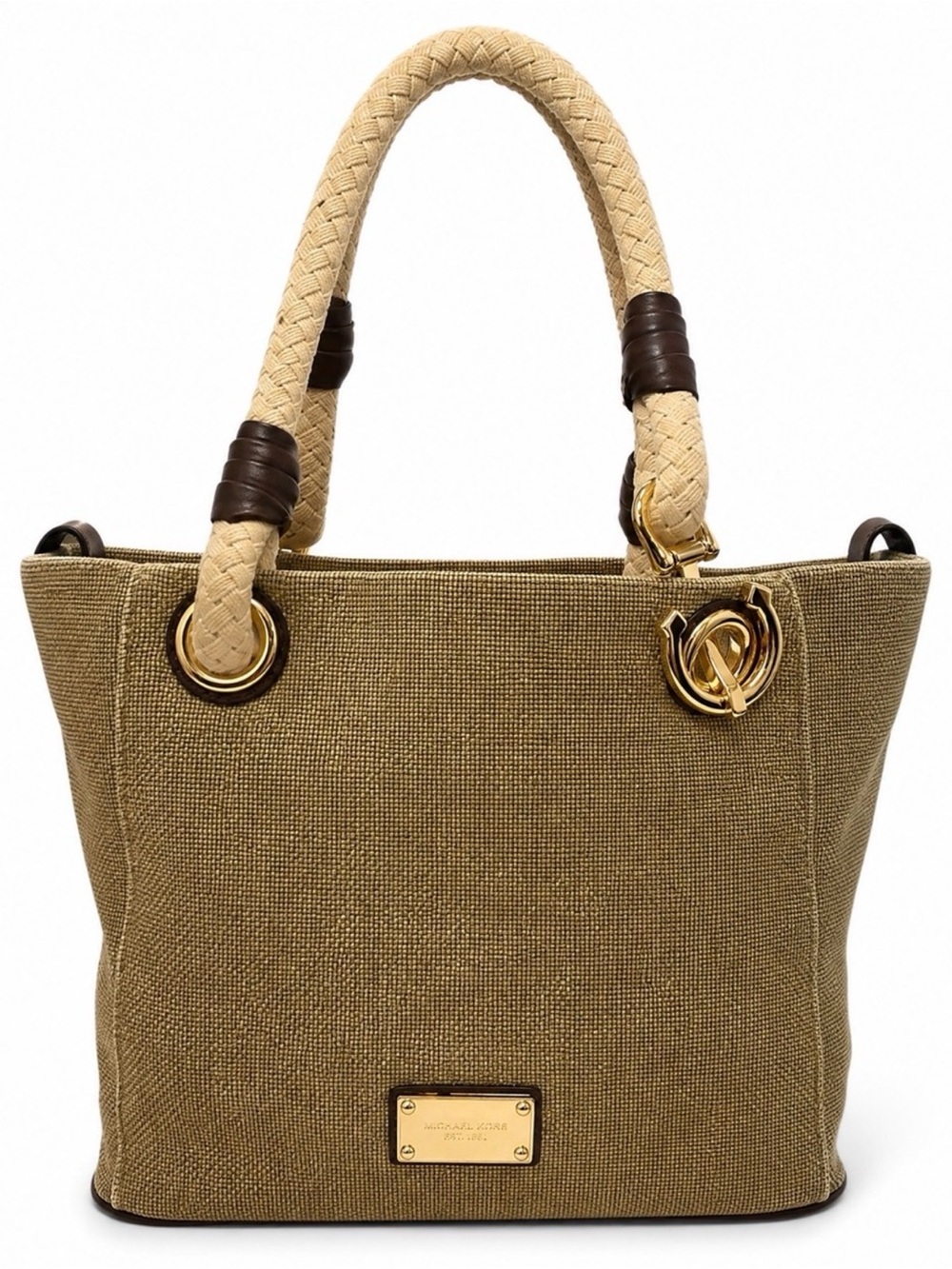 Michael Kors Marina Grab Nauticsl Canvas Tote Braided Ivory Handles  Goldtone